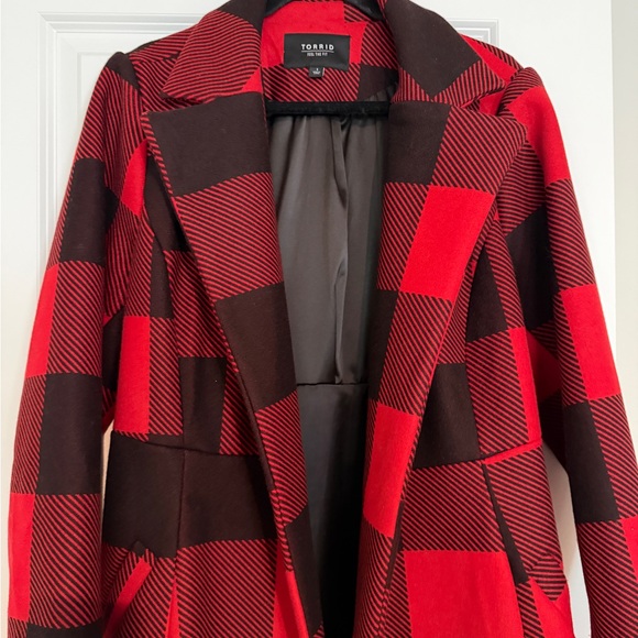 Torrid Red and Black Plaid Trench Coat - Picture 3 of 9